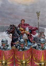 Römische Antike: Römische Armee nahe dem Hadrianswall in Schottland, 2. Jahrhundert n. Chr. - Illustration von Giuseppe Rava