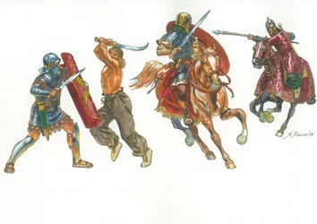 Römischer Legionär kämpft gegen einen dakischen Krieger und römischer Reiter gegen einen sarmatischen Kataphrakt