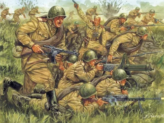 Zweiter Weltkrieg: Angriff der russischen Infanterie in leichter Uniform - WWII: russische Soldaten in Sommeruniform - Illustration von Giuseppe Rava