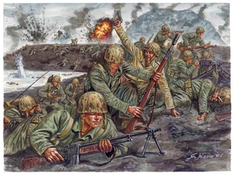 Zweiter Weltkrieg, Pazifikkrieg: Landung des amphibischen Korps der Marines während der Schlacht von Iwo Jima am 19.02.1945 in Japan - Illustration