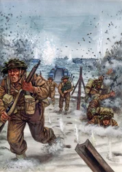 Zweiter Weltkrieg: Schottische Soldaten während der Landung in der Normandie am 6. Juni 1944 (Illustration von Giuseppe Rava)