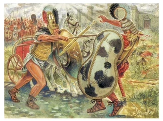 Trojanischer Krieg: Achilles kämpft gegen Hector, um den Tod von Patroklos zu rächen - Illustration von Giuseppe Rava