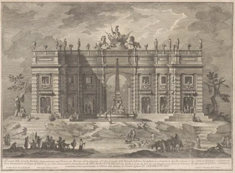 Die zweite Maschine für die Chinea von 1772: Ein Platz mit einem Spielmarkt und dem Pantheon-Brunnen