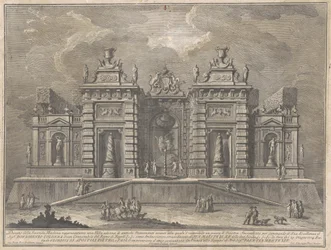 Die zweite Maschine für die Chinea von 1774: Eine Villa mit antiken Denkmälern und ein Spiel von "Giostra"
