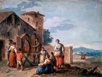 Eine Gruppe von Bauern vor dem Tabernakel mit der stehenden Madonna-Statue, ca. 1750