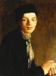 Ein junger Mann, Halbfigur, mit schwarzem Hut und Halstuch, ca. 1911
