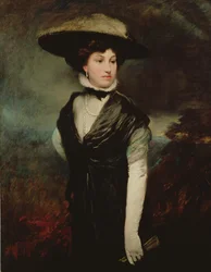 Porträt von Amy Bird, der Schauspielerin, stehend in Dreiviertellänge, in Schwarz, eine Landschaft dahinter, ca. 1909