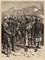 Der afghanische Feldzug, zur Hinrichtung in Kabul geführt (Stich)