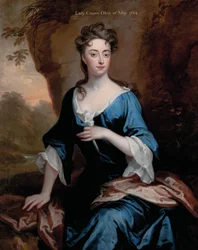 Porträt von Elizabeth Skipwith, Lady Craven, dreiviertellang, in einem blauen Kleid und einem roten Schal, eine bewaldete Flusslandschaft dahinter, 1704