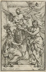 Minerva, Herkules und Ruhm mit Wappenschild