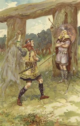 Hodur nahm die Mistel von Loki, und Loki führte seinen Arm, und er schleuderte sie auf Baldur, und mit einem scharfen Schrei fiel Baldur tot um (Chromolitho)