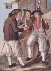Die drei Bacchus, Bauern in der Tracht der Stadt Morat, Schweiz