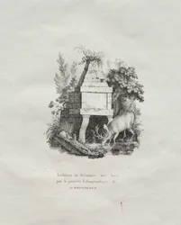 Receuil dessais lithographiques: Eine Fontaine, die den Holzschnitt imitiert, um 1816