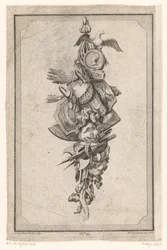 Trophäe mit Adler, Vase und Helm