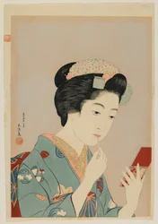 Frau trägt Lippenrouge auf, Taisho-Ära, Februar 1920 (Farbholzschnitt)
