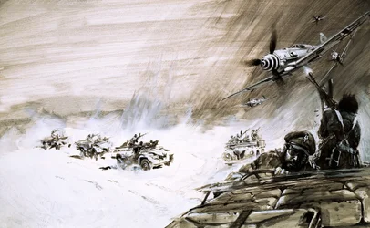 Ein Konvoi von fünf schweren Lastwagen, die das ägyptische Sandmeer überqueren, wird von einem feindlichen Flugzeug angegriffen