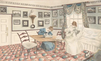 Zwei junge Frauen schreiben und nähen in einem Innenraum in Hatton, Warwickshire, 1820-30