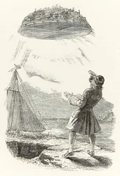 Gulliver sieht zum ersten Mal die fliegende Insel Laputa, aus „Gullivers Reisen“ von Jonathan Swift
