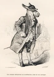 Mit Werken beladener Esel als Akademiemitglied. Von J. J. Grandville illustrierte Vignetten. Von Caque signierter Stich in dem Abschnitt „Eselführer zum Gebrauch der Tiere, die zu Ehren gelangen wollen“, geschrieben von Honoré de Balzac, in „Szenen aus