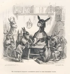 Esel in der Schule. Von J. J. Grandville illustrierte Vignetten. Von Caque signierter Stich in dem Abschnitt „Eselführer zum Gebrauch der Tiere, die zu Ehren gelangen wollen“, geschrieben von Honoré de Balzac, in „Szenen aus dem Privat- und öffentlichen
