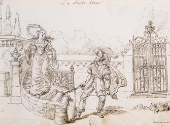 Blaubart, Illustration zum Märchen von Charles Perrault (1628-1703), Gravur von Grandville (1803-1847)