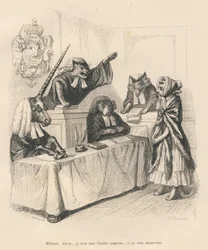 Eine Katze verteidigt sich vor einem Gericht, das aus einem Einhorn, einem Kater, einem Hund und einem Wolf besteht. Von J. J. Granville illustrierte Vignetten. Von Brévière signierter Stich im Abschnitt mit dem Titel „Hofqualen einer englischen Katze“