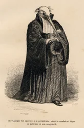 Storch als Richter. Gravur signiert Caque in "Cour criminelle de justice animale" von Emile de La Bedolliere in "Scenes de la vie privee et publique des animaux". Paris, J. Hetzel et Paulin
