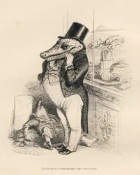 Krokodil gekleidet wie ein Dandy mit dickem Bauch. Vignetten illustriert von JJ Granville. Gravur signiert Breviere in dem Teil "Erinnerungen eines Krokodils" geschrieben von Emile de La Bedolliere in "Szenen aus dem privaten und öffentlichen Leben der Tie