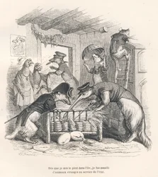 Sobald ich meinen Fuß auf die Insel setzte, wurde ich von seltsamen Tieren im Dienst des Staates angegriffen. Vignetten illustriert von JJ Granville. Gravur signiert Porret im Teil "Reise eines Spatzen aus Paris" geschrieben von George Sand in "Szenen aus 