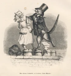 Zwei Katzen, die sich auf einem Dach den Hof machen. Stich, signiert von Andrew, Best und Leloir, im Teil mit dem Titel „Liebesleiden einer englischen Katze“, geschrieben von Honoré de Balzac in „Szenen aus dem privaten und öffentlichen Leben der Tiere“