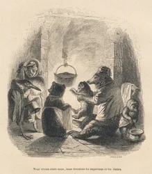Zwei Besucher stören die Bärenfamilie, die vor dem Kamin sitzt, an dem ein Topf hängt. Vignetten illustriert von JJ Granville. Gravur signiert Breviere in dem Teil "Der Bär oder Brief"