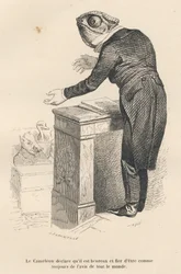 Das Chamäleon erklärt, dass es glücklich und stolz ist, immer der Meinung aller zu sein. Vignetten illustriert von JJ Granville. Gravur signiert von Caque im Prolog "Parlamentarische Zusammenfassung" geschrieben von PJ Stahl in "Szenen aus dem privaten und