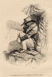 Wolf zurückgezogen in seiner kontemplativen Einsamkeit. Vignetten illustriert von JJ Granville. Gravur signiert Caque im Teil "Der Bär oder Brief geschrieben vom Berg" geschrieben von L. Baude in "Szenen aus dem privaten und öffentlichen Leben der Tiere". 