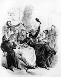 Mittagessen von Jungen und Mädchen: Männer und Frauen trinken Alkohol und rauchen, Zeichnung von Jean Ignace Isidore alias JJ Grandville