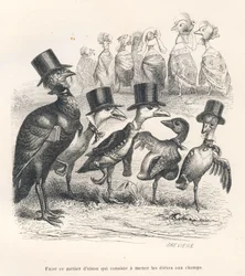 Beruf eines Gänsehirten, der die Schüler auf die Felder bringt. Die Gänse entfernen sich von ihrem Kind. Vignetten illustriert von JJ Granville. Gravur signiert von Breviere im Teil "Esel-Führer für Tiere, die zu Ehren kommen wollen" geschrieben von...