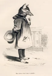 Mein Held war leicht zu haben. Vignetten illustriert von JJ Granville. Gravur signiert Godard in dem Teil "Ein Fuchs in der Falle" geschrieben von Charles Nodier in "Szenen aus dem privaten und öffentlichen Leben der Tiere". Paris, J. Hetzel und Paulin