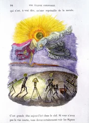 Personifizierte astronomische Instrumente beobachten eine Sonnenfinsternis (Mond und Sonne küssen sich) - in „Andere Welt“ von Grandville