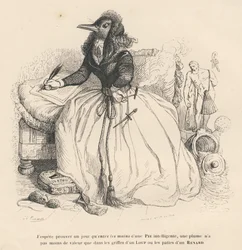 Elster schreibt mit einer Feder und hält eine Zigarette in der anderen Hand. Illustrierte Vignetten von JJ Granville. Gravur signiert Andrew, Best und Leloir im Teil "Geschichte eines Hasen" geschrieben von PJ Stahl in "Szenen aus dem privaten und öffentli