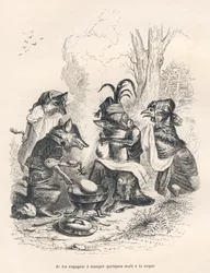 Füchse essen Eier vor einem weinenden Huhn. Vignetten illustriert von JJ Granville. Gravur signiert Godard im Teil "Ein Fuchs in der Falle" geschrieben von Charles Nodier in "Szenen aus dem privaten und öffentlichen Leben der Tiere"