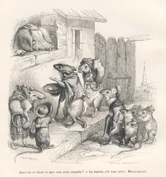 Maus spendet einem Schwein. Vignetten illustriert von JJ Granville. Gravur signiert Andrew, Best und Leloir im Teil "Der philosophische Ratte" geschrieben von Edouard Lemoine in "Szenen aus dem privaten und öffentlichen Leben der Tiere". Paris, J. Hetzel