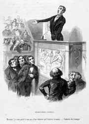 Die Figur des Jérôme Paturot hält sich für Demosthenes, einen athenischen Redner und Politiker, dessen Reden an der Spitze der griechischen Eloquenz stehen. Karikatur in „Jérôme Paturot auf der Suche nach einer sozialen Position“ von Louis Reybaud