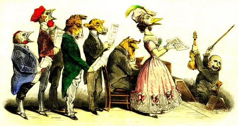 Das Vokalkonzert - Chor: Sänger mit Tierköpfen und Chorleiter als Affe - Lithographie von Grandville (Jean Ignace Isidore Gerard 1808-1847) aus dem Buch „Les Metamorphoses du Jour“ 1828
