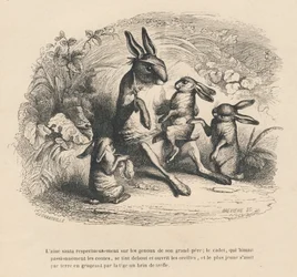 Drei Hasenkinder hören ihrem verletzten Großvater zu, der Geschichten erzählt. Vignetten illustriert von JJ Granville. Gravur signiert von Breviere im Teil "Geschichte eines Hasen" geschrieben von PJ Stahl in "Szenen aus dem privaten und öffentlichen Leben
