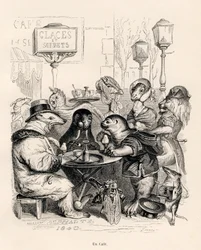 Ein Café, das von Tieren aller Art besucht wird. Vignetten illustriert von JJ Granville. Gravur signiert Godard im Teil "Reise eines Löwen aus Afrika nach Paris" geschrieben von Honoré de Balzac in "Szenen aus dem privaten und öffentlichen Leben der Tiere"