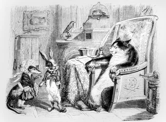 Die Katze, das Wiesel und das kleine Kaninchen, Illustration zu La Fontaines „Fabeln“ (1621-95), veröffentlicht von H. Fournier Aîné, 1838