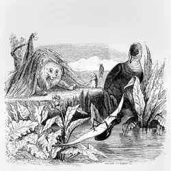 Die Taube und die Ameise und der Löwe und die Ratte, Illustration zu den „Fabeln“ von La Fontaine, veröffentlicht von H. Fournier Aîné, 1838