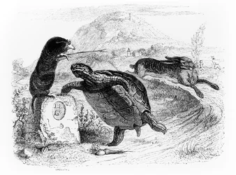 Der Hase und die Schildkröte, Illustration zu den „Fabeln“ von La Fontaine, veröffentlicht von H. Fournier Aîné, 1838