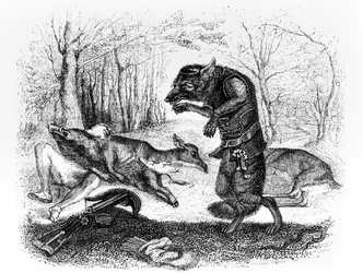 Der Wolf und der Jäger, Illustration zu den „Fabeln“ von La Fontaine, veröffentlicht von H. Fournier Aîné, 1838