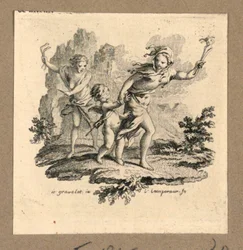 Amor mit verbundenen Augen, geführt von der Torheit
