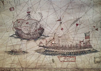 Galeere und portugiesische Karavelle, Detail aus der Seekarte des Mittelmeers